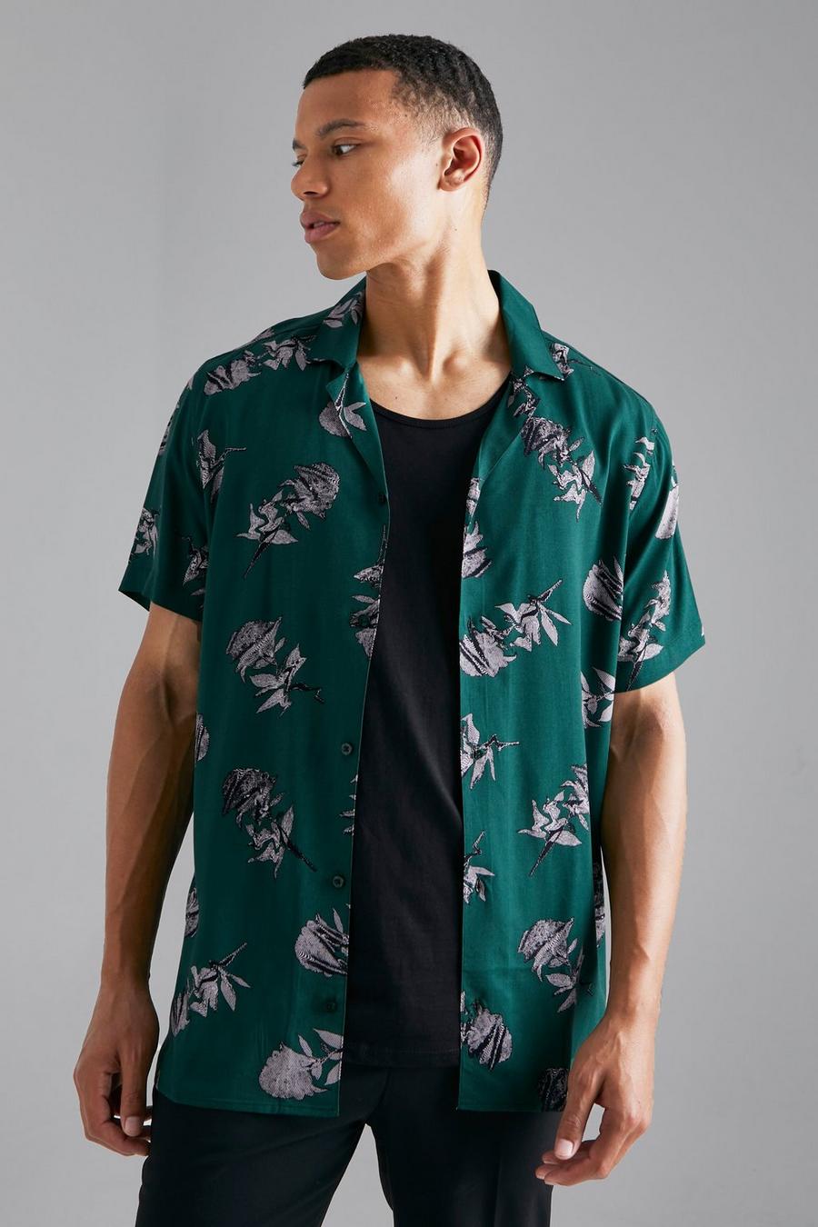 Green grön Tall - Mönstrad skjorta i viskos med bowlingkrage