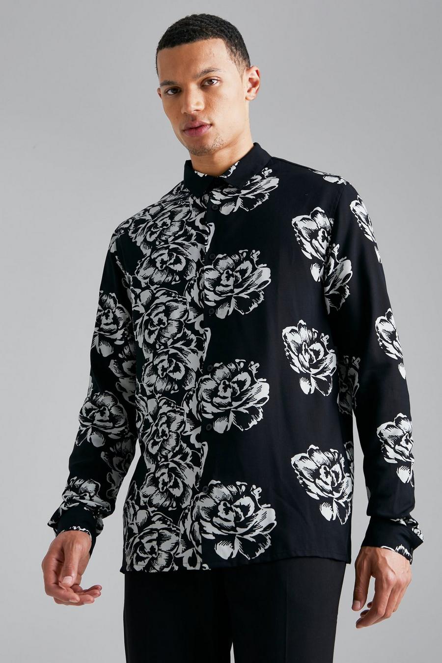 Black Tall Long Sleeve Floral Print Viscose Shirt image number 1