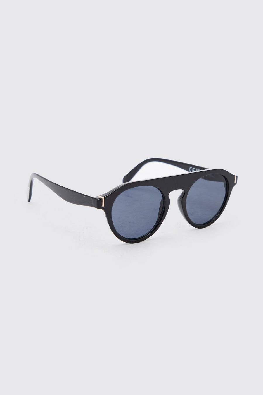 Black Round Flat Top Set Lens Sunglasses 