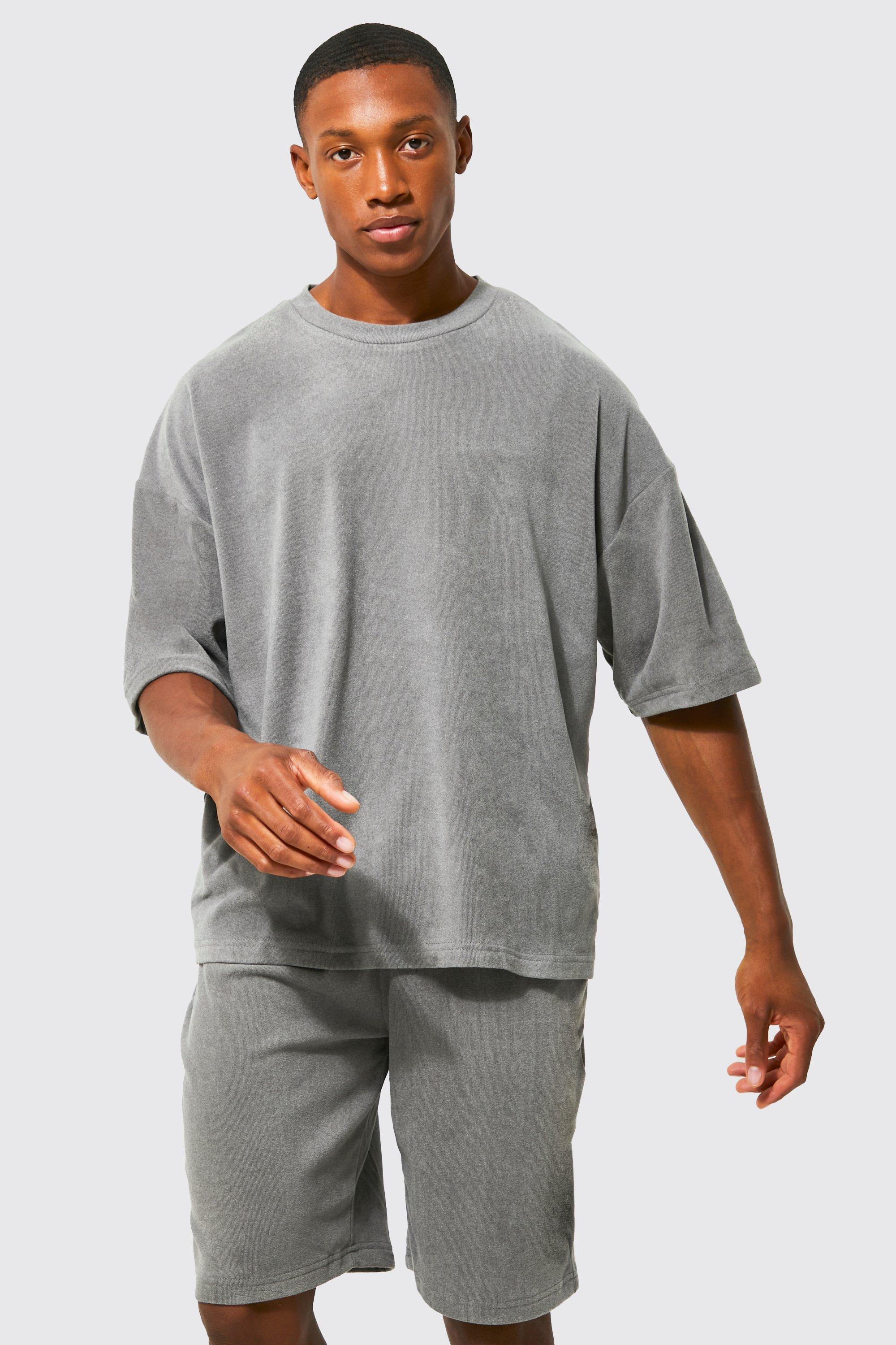 Men s Soft Plush Ribbed Oversized Short Lounge Set Boohoo UK