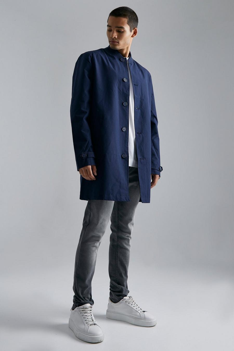 Navy Single Breasted Mac With Bomber Collar image number 1