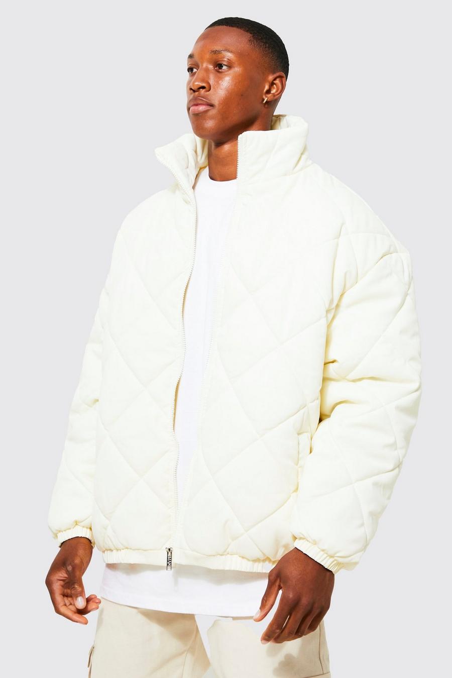 Ecru white Oversized Funnel Neck Diamond Quilted Jacket 