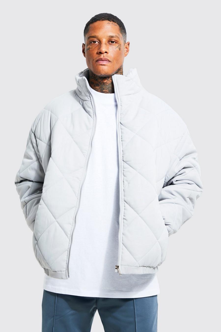 Light grey Oversized Funnel Neck Diamond Quilted Jacket 