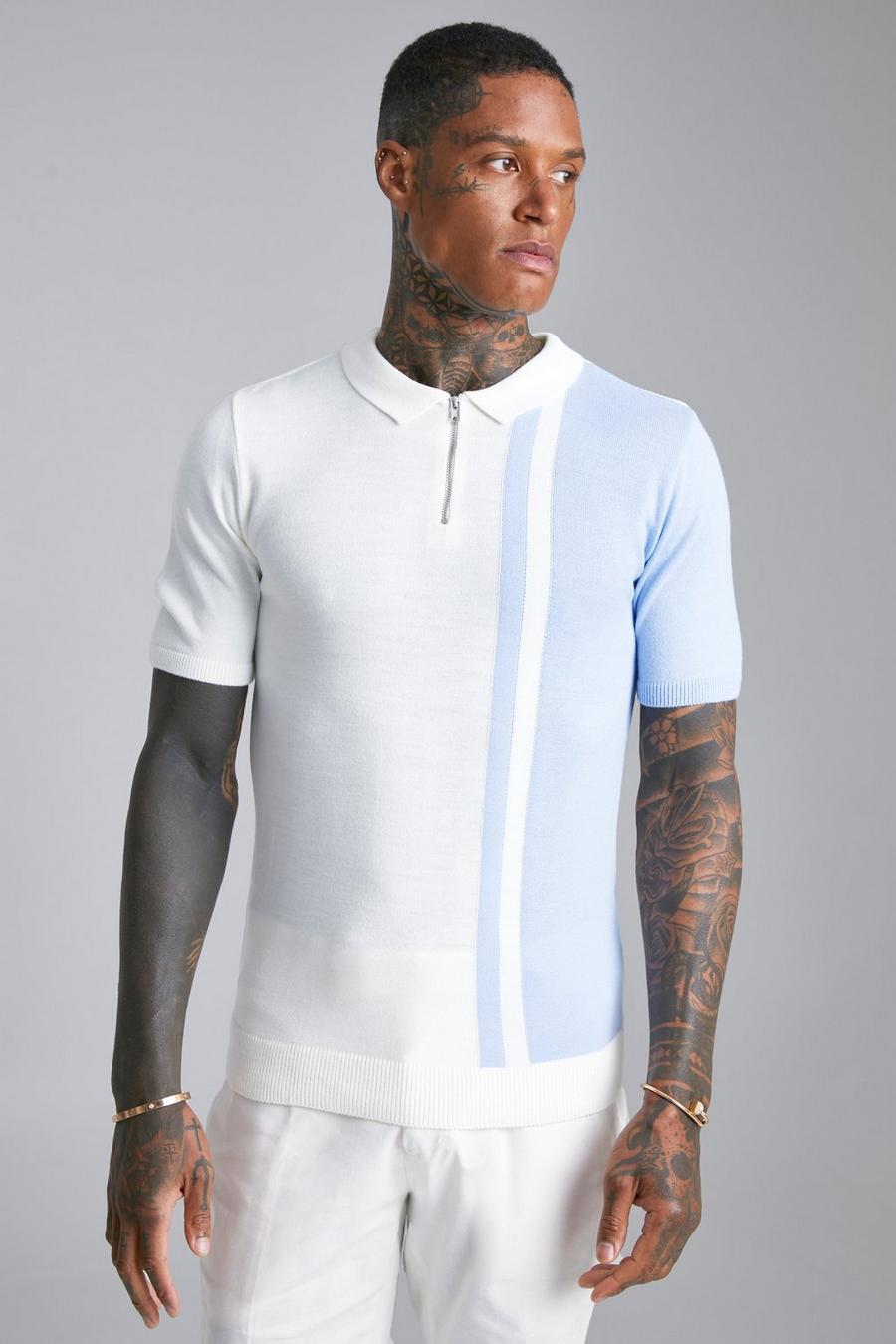 Pale blue Short Sleeve Muscle Fit Colourblock Knit Polo image number 1