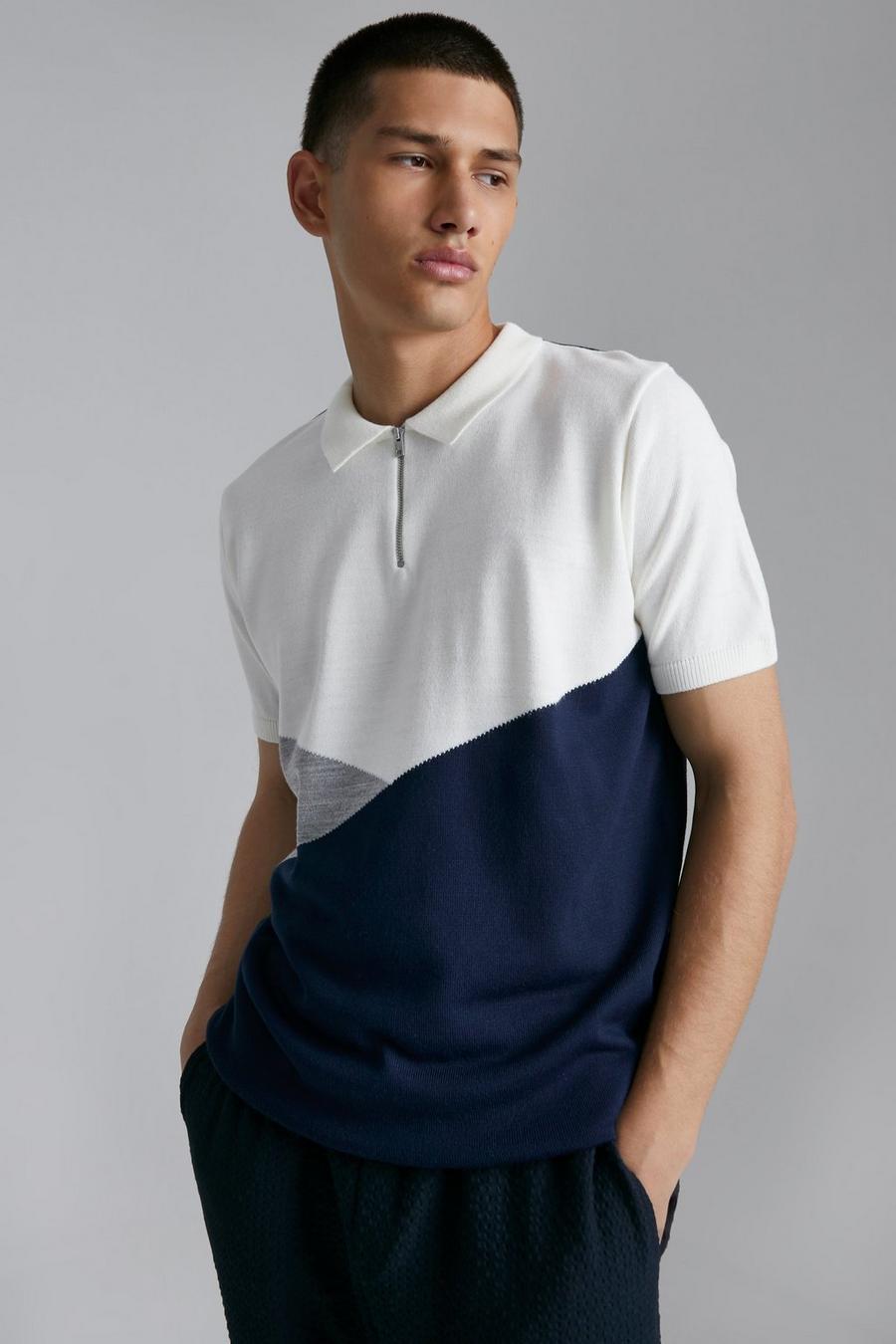 Navy Asymmetric Colour Block Knitted Polo image number 1