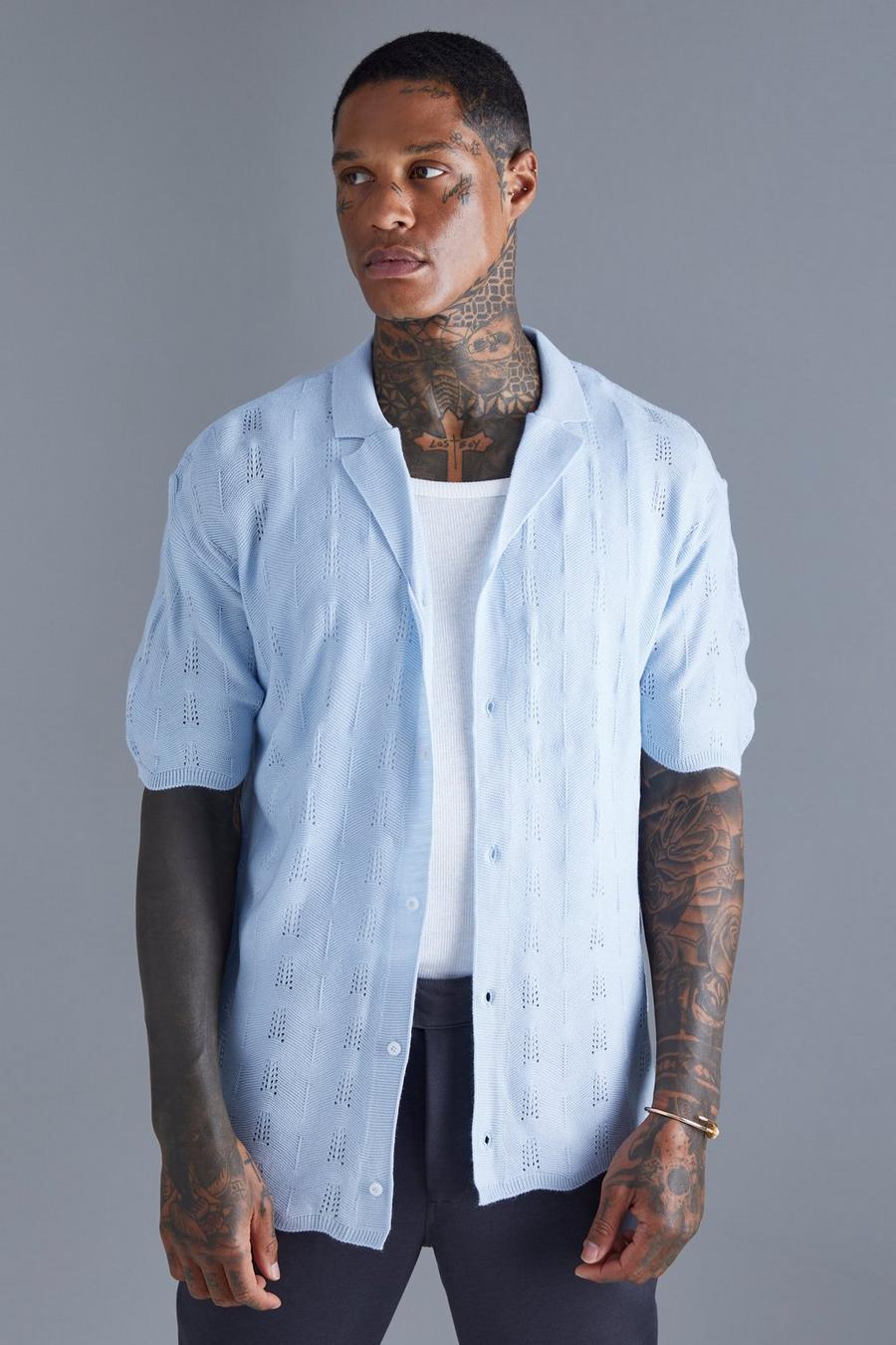 Camicia a maniche corte in maglia traforata, Pale blue image number 1