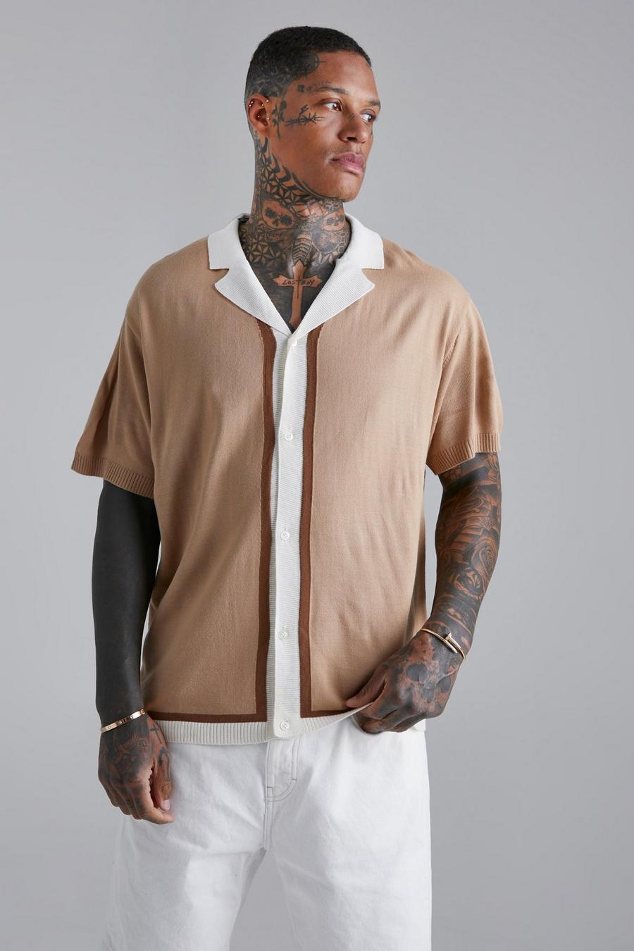 Sand beige Stripe Revere Collar Knitted Shirt image number 1