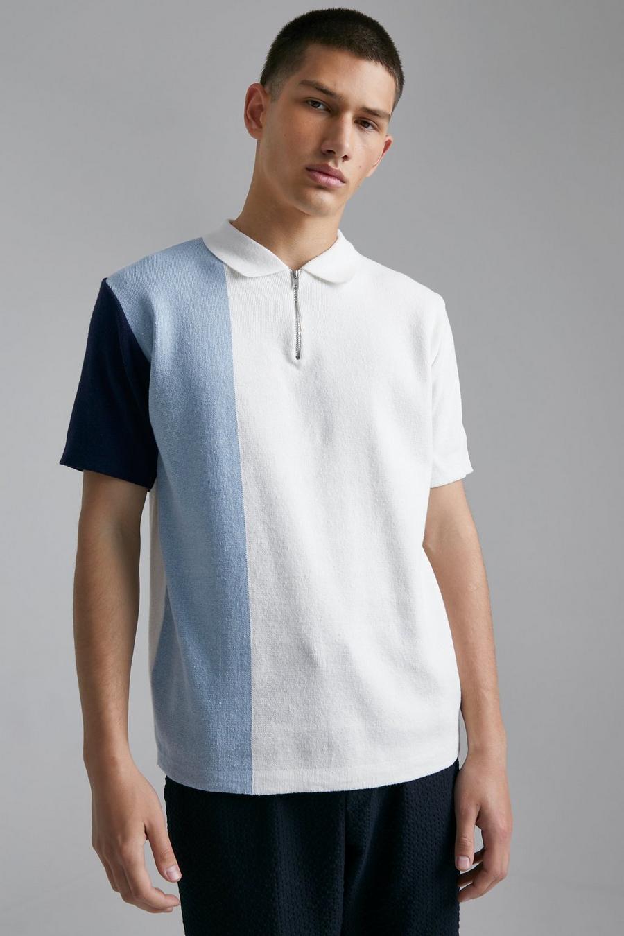 Pale blue Short Sleeve Half Zip Colour Block Knit Polo