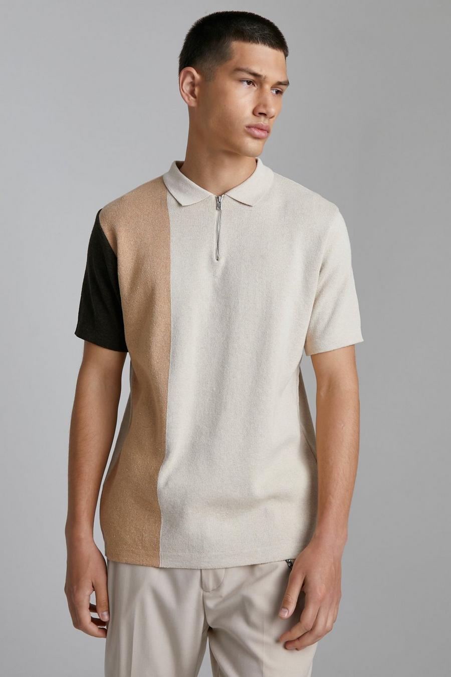 Stone Short Sleeve Half Zip Colour Block Knit Polo image number 1