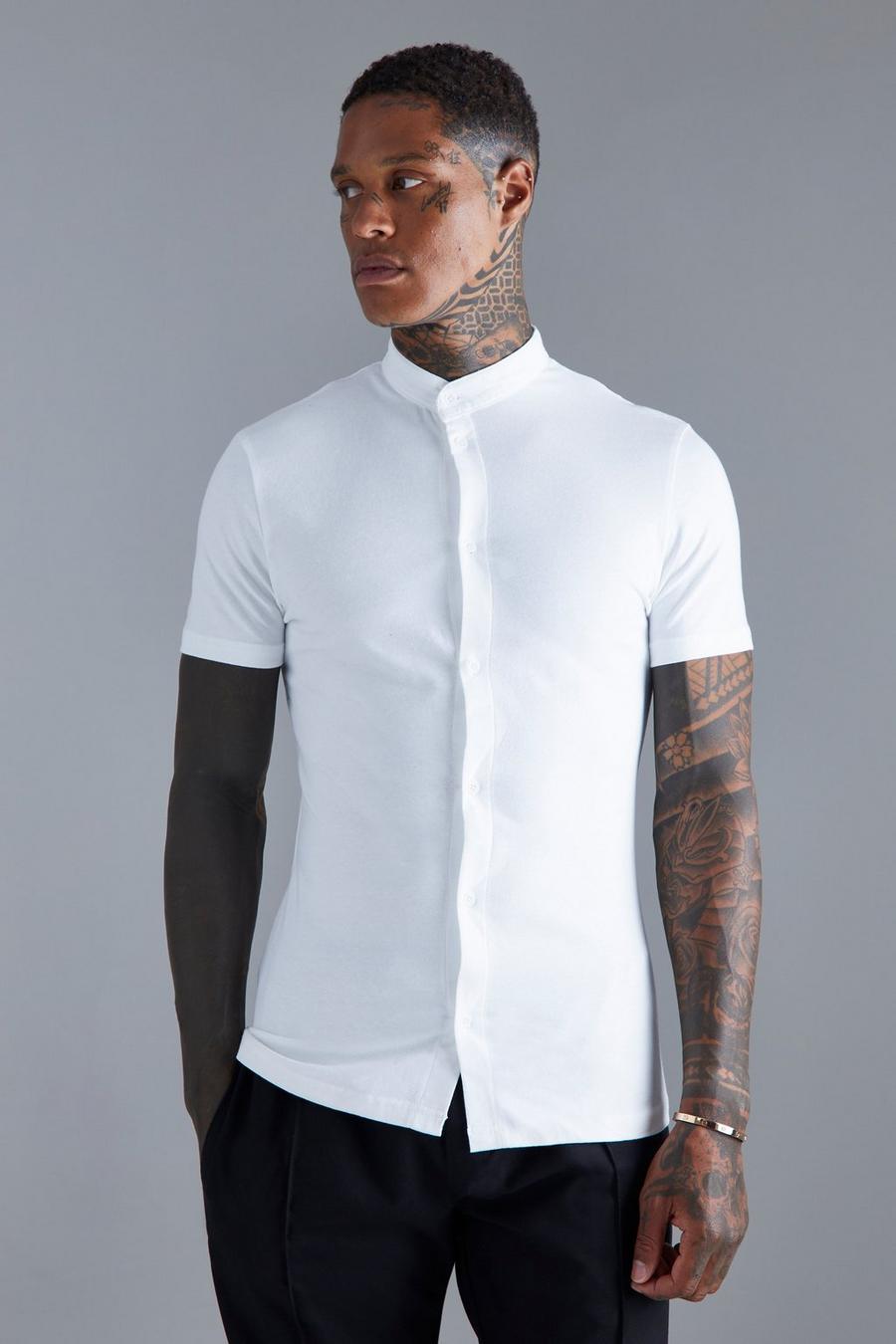 Camisa de manga corta y tela jersey con cuello mao ajustada al músculo, White blanco