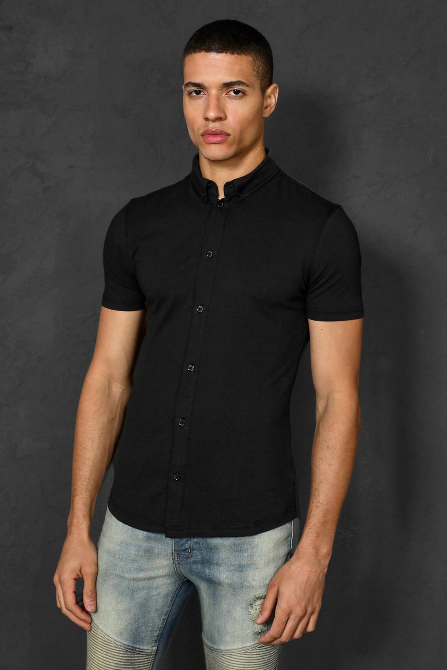 Camicia attillata a maniche corte in jersey, Black negro image number 1