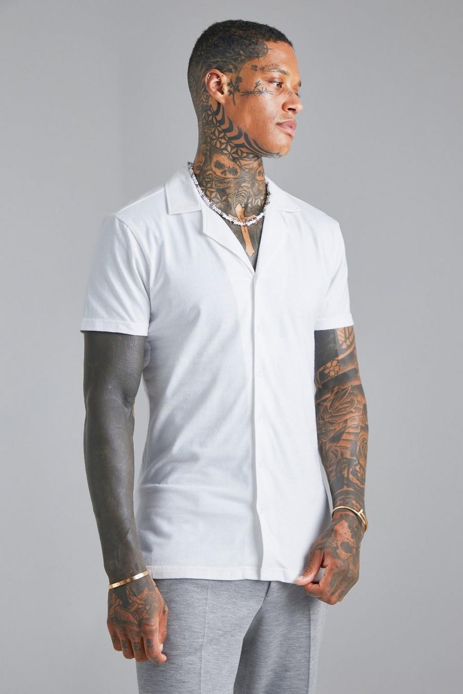 White Short Sleeve Revere Muscle Jersey Shirt  image number 1