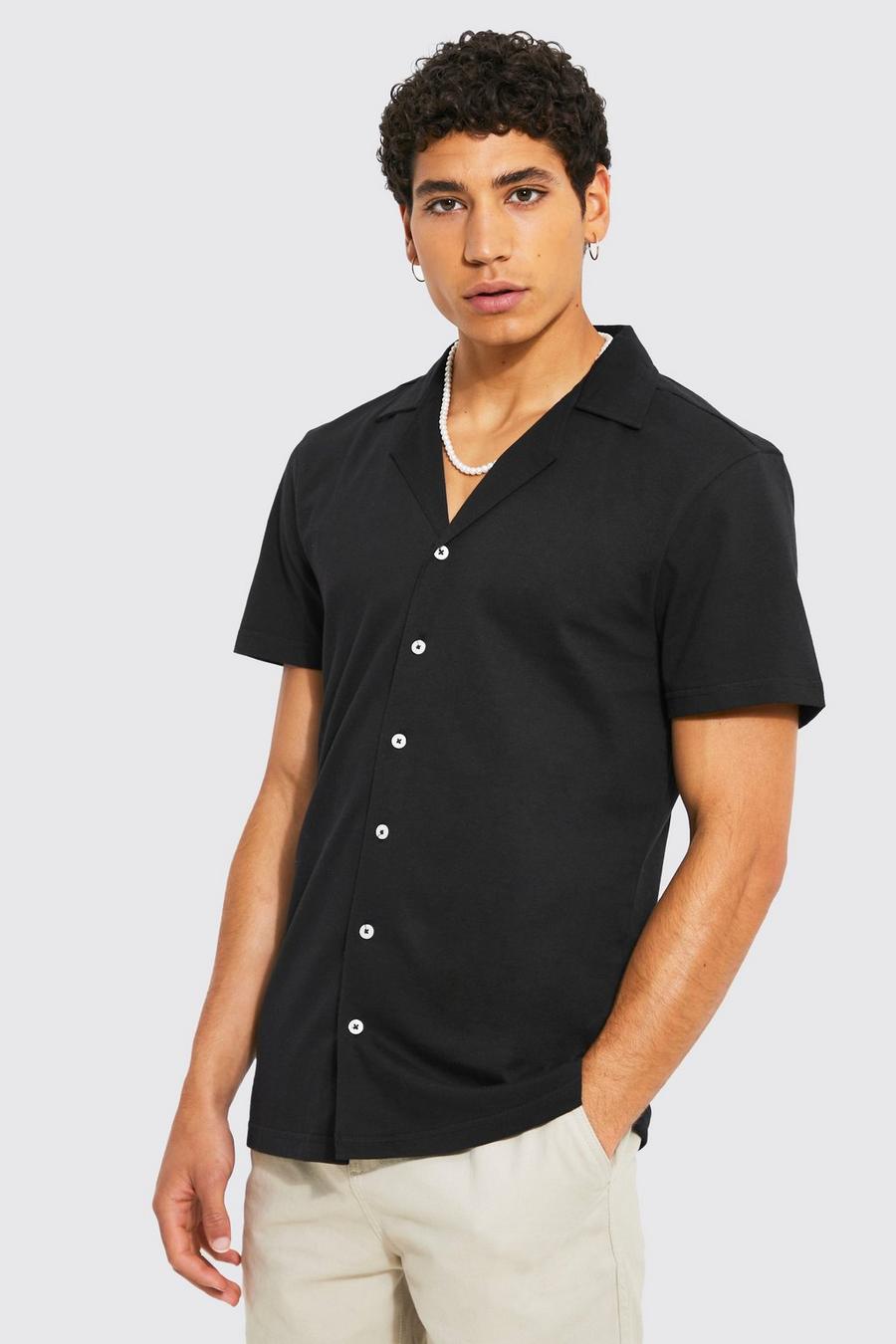 Camisa ajustada al músculo de tela jersey y manga corta con solapas, Black nero