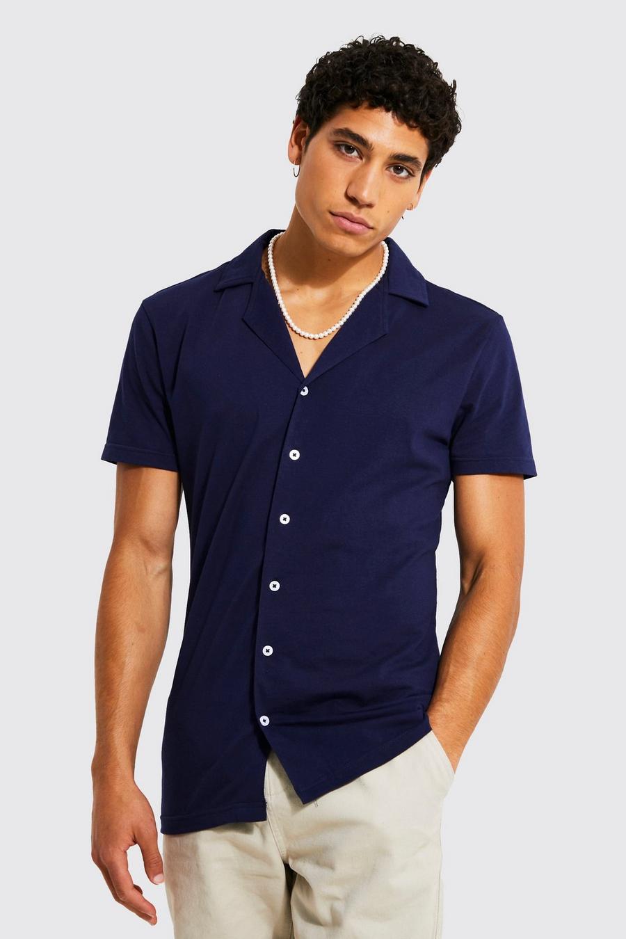 Camicia attillata a maniche corte in jersey con rever, Navy blu oltremare image number 1