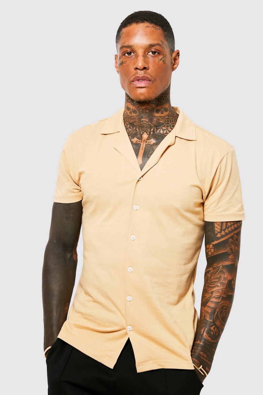 Brown Short Sleeve Revere Muscle Jersey Shirt image number 1