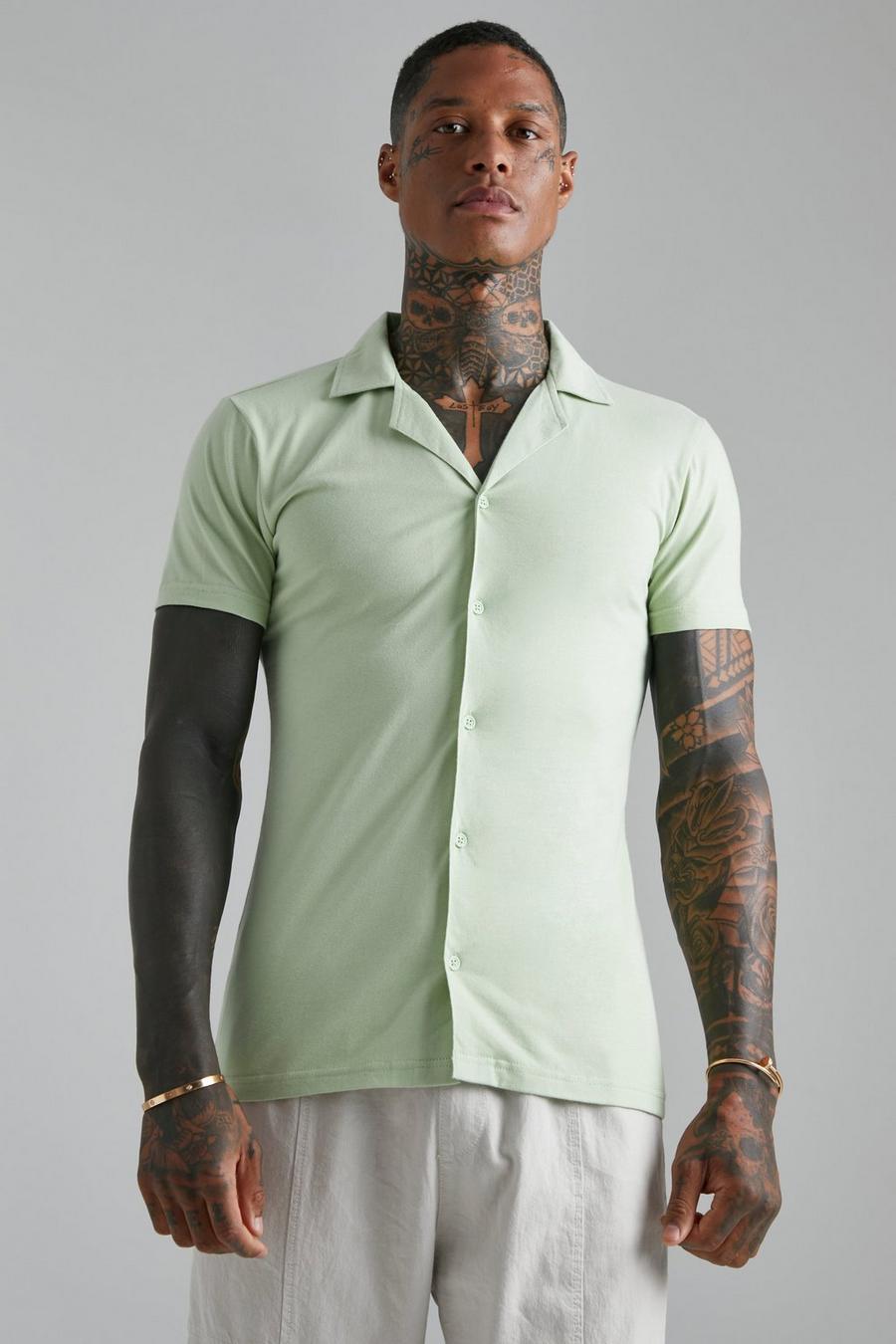 Sage green Jersey Muscle Fit Overhemd Met Korte Mouwen En Revers Kraag