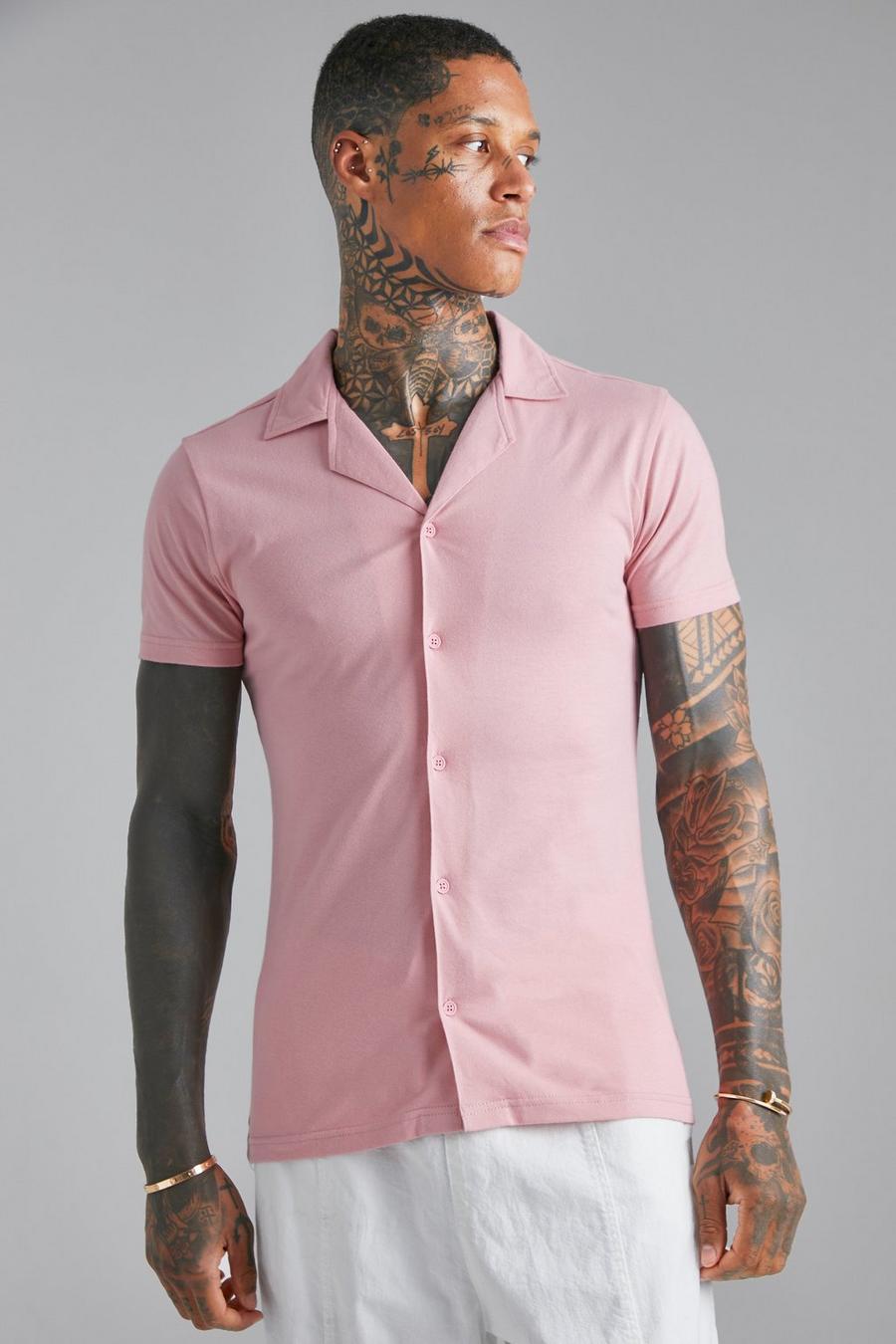 Camicia attillata a maniche corte in jersey con rever, Dusty pink image number 1