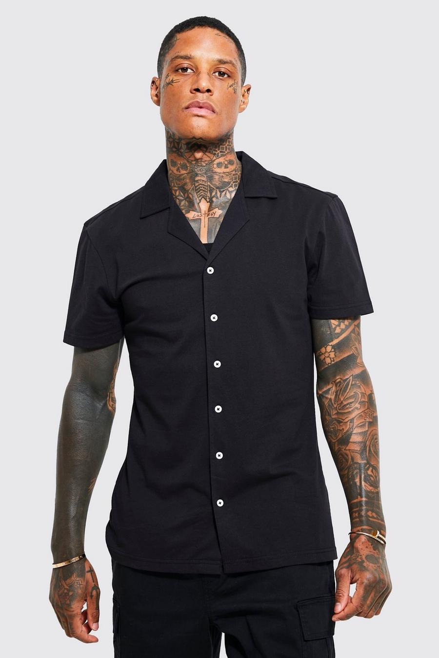 Black Short Sleeve Revere Slim Jersey Shirt image number 1
