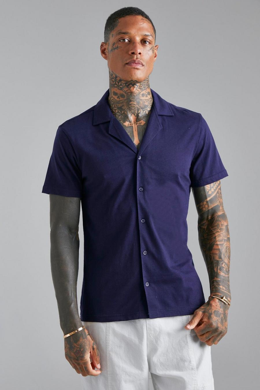 Navy Jersey Slim Fit Overhemd Met Korte Mouwen En Revers Kraag image number 1