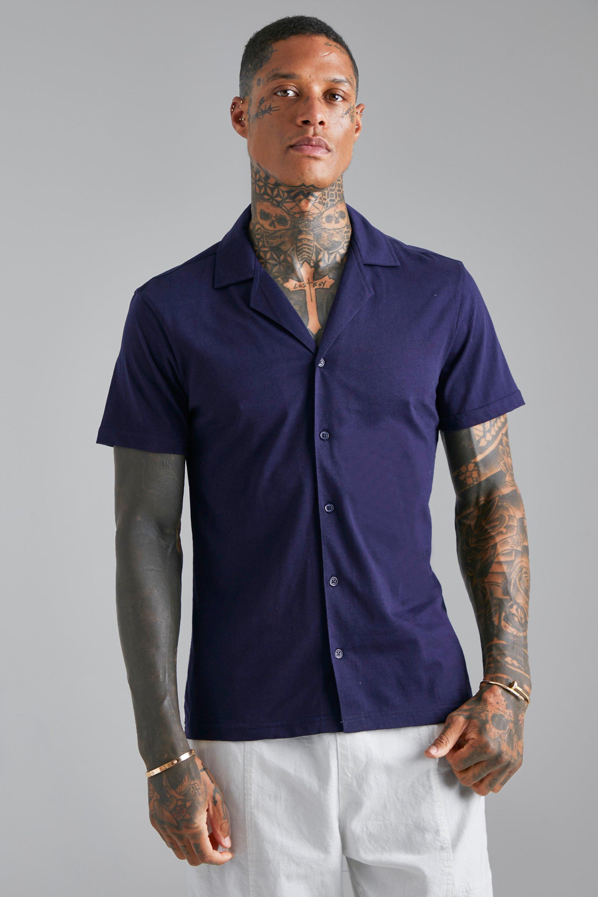 mens navy blue short sleeve dress shirts