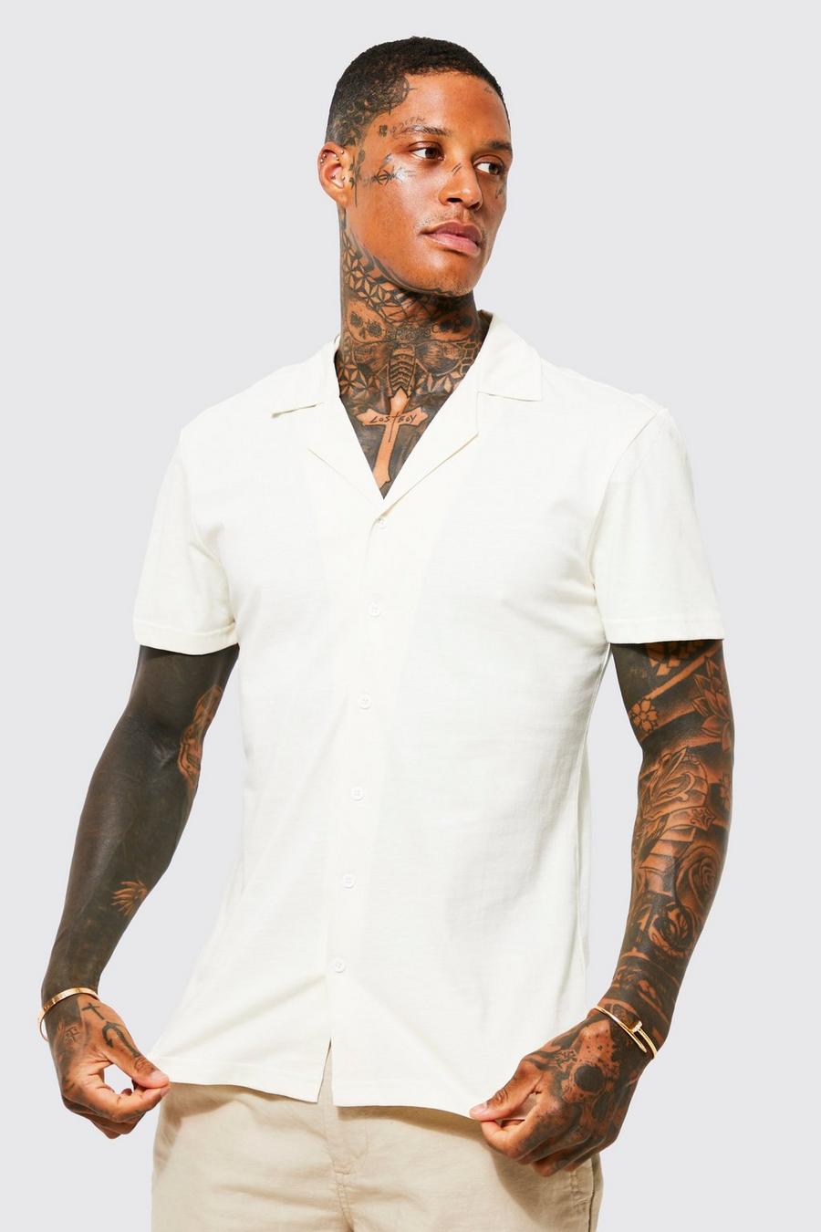 Kurzärmliges Slim-Fit Jersey-Hemd, Stone image number 1