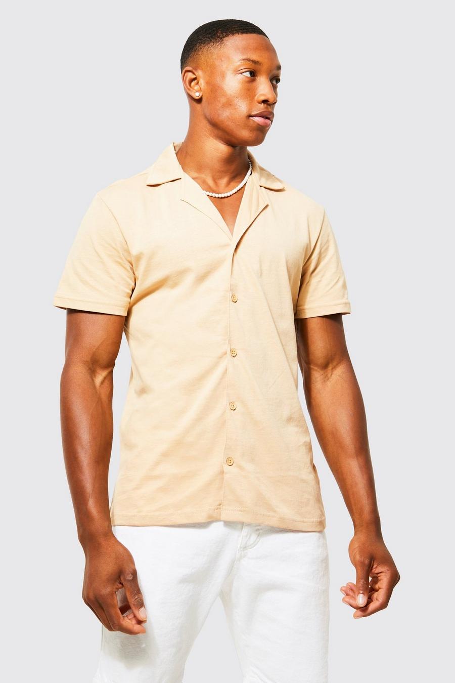 Brown Short Sleeve Revere Slim Jersey Shirt image number 1