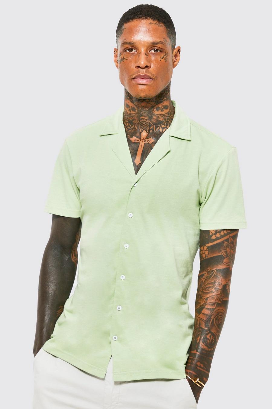 Camisa ajustada de tela jersey y manga corta con solapas, Sage verde image number 1
