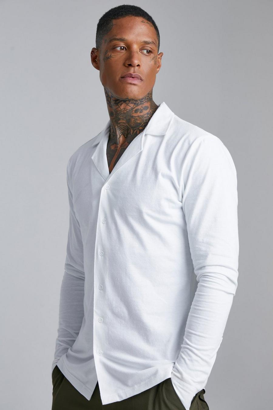 Camicia attillata a maniche lunghe in jersey con rever, White image number 1