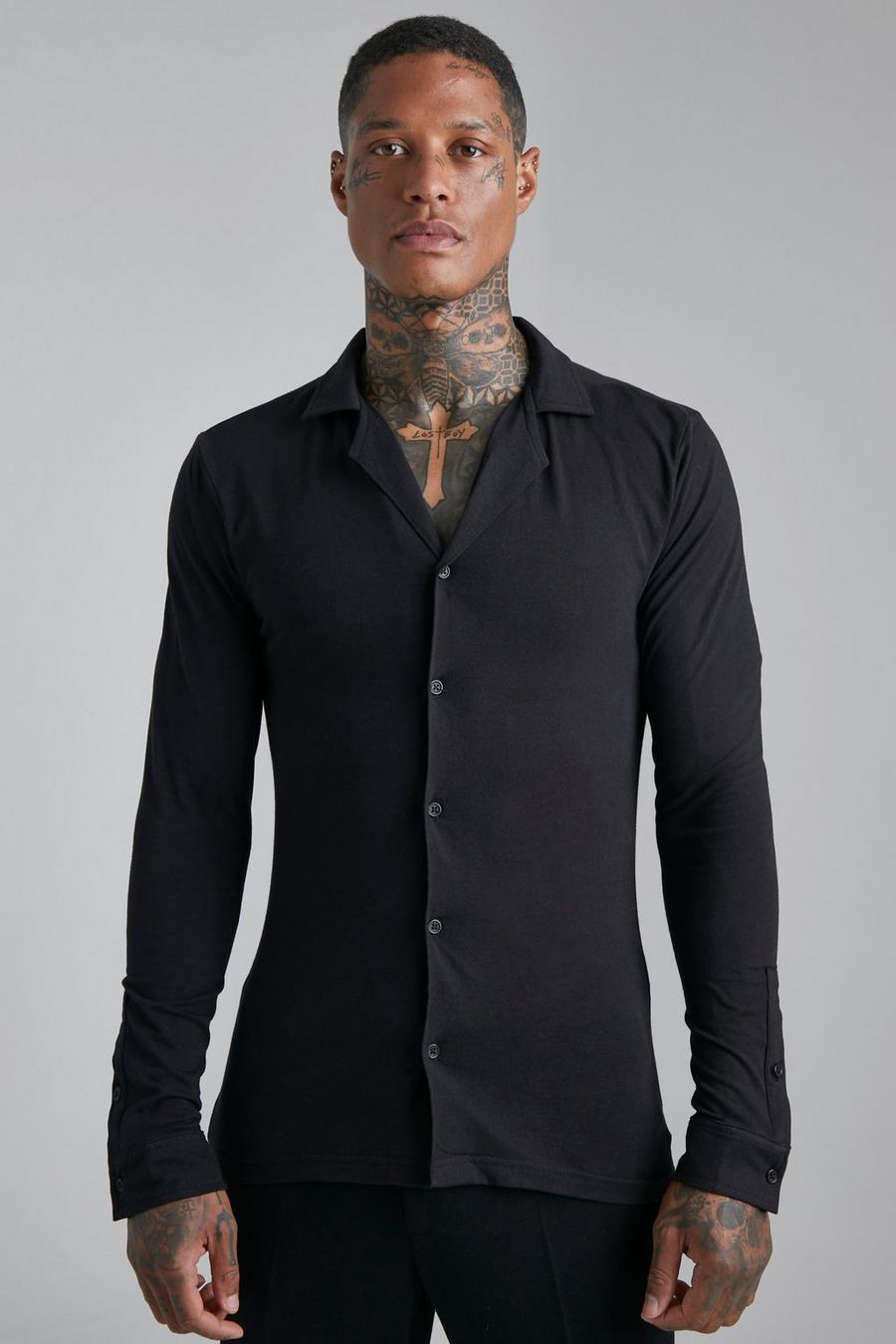 Camisa de manga larga ajustada al músculo de tela jersey con solapas, Black image number 1