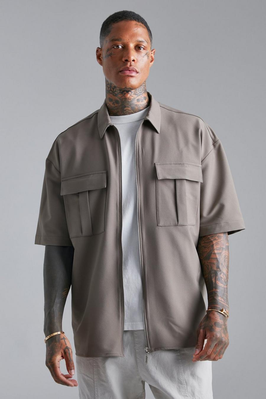 Taupe Oversize skjortjacka i nylon med fickor image number 1