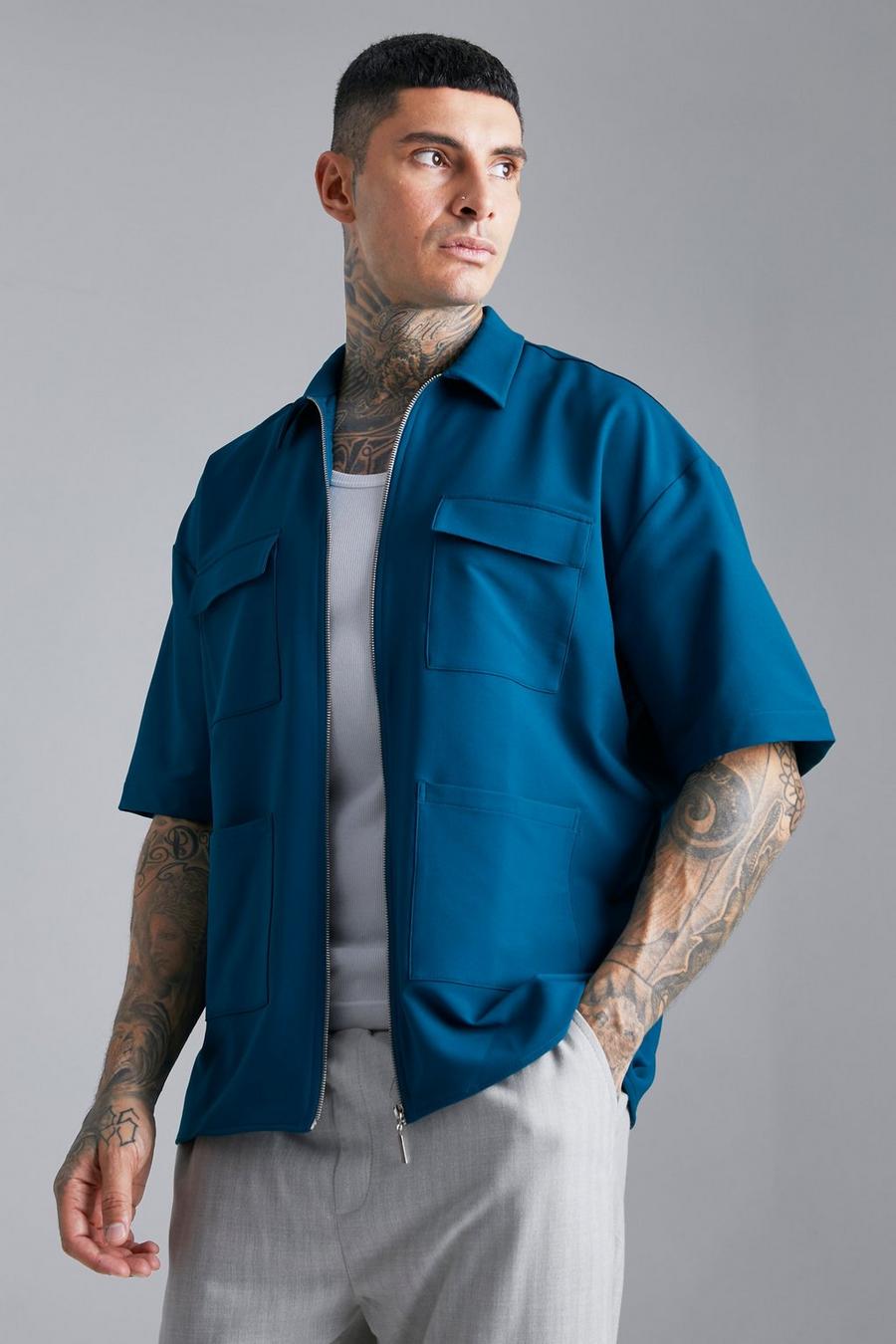 Dark blue azzurro Nylon Boxy Oversized 4 Pocket Zip Overshirt