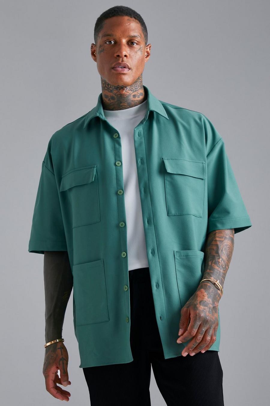 Green Nylon Boxy Oversized 4 Pocket Overshirt image number 1