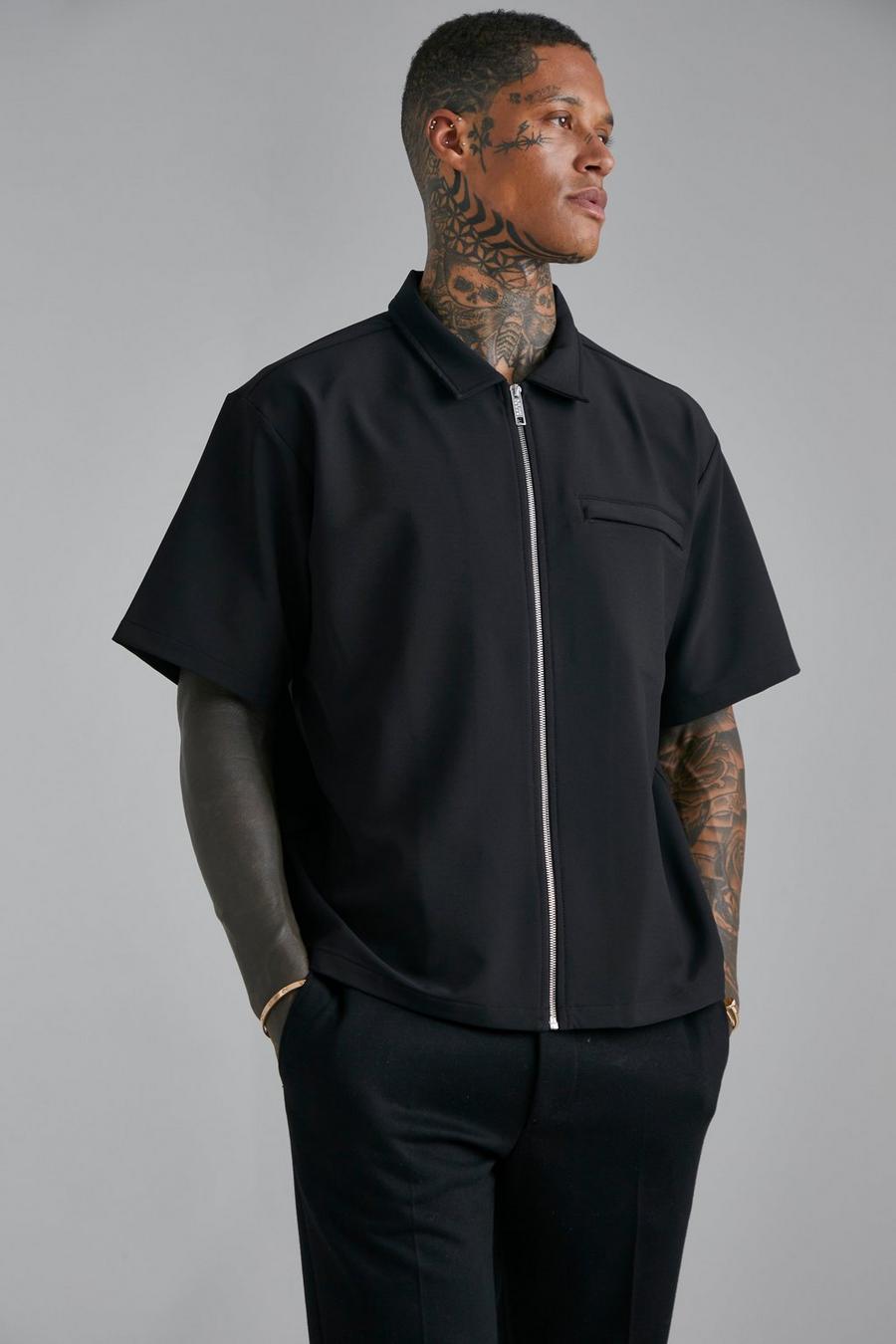 Black Nylon 4 Way Stretch Boxy Fit Zip Overshirt