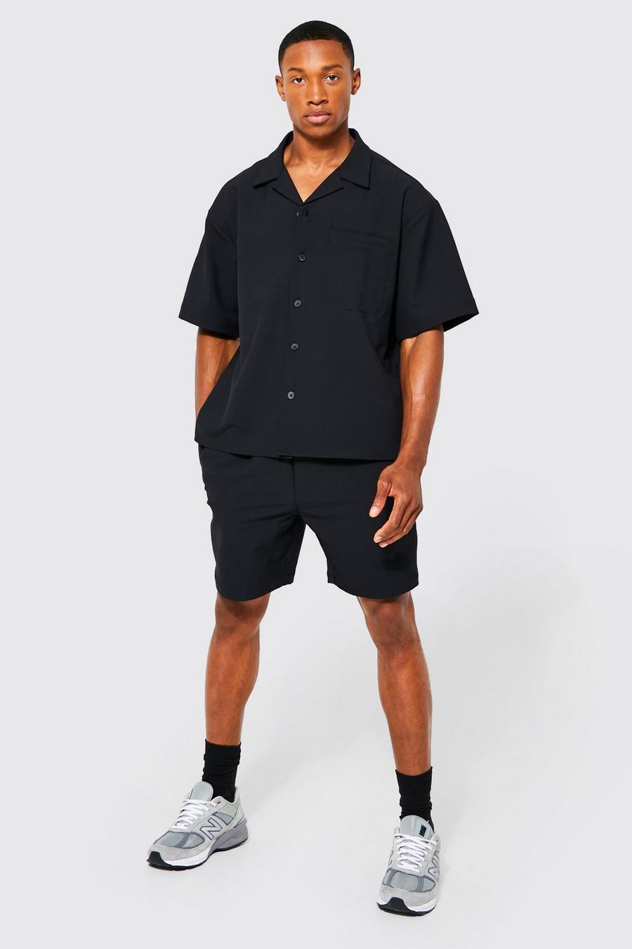Black Boxy Nylon 4 Way Stretch Shirt And Shorts image number 1