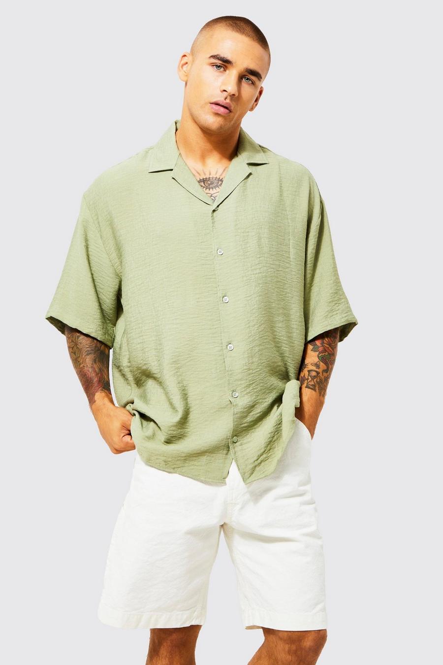 Camisa oversize texturizada recta de manga corta, Sage green image number 1