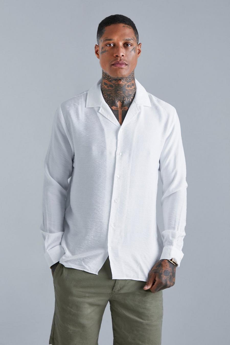 White Long Sleeve Revere Textured Shirt image number 1