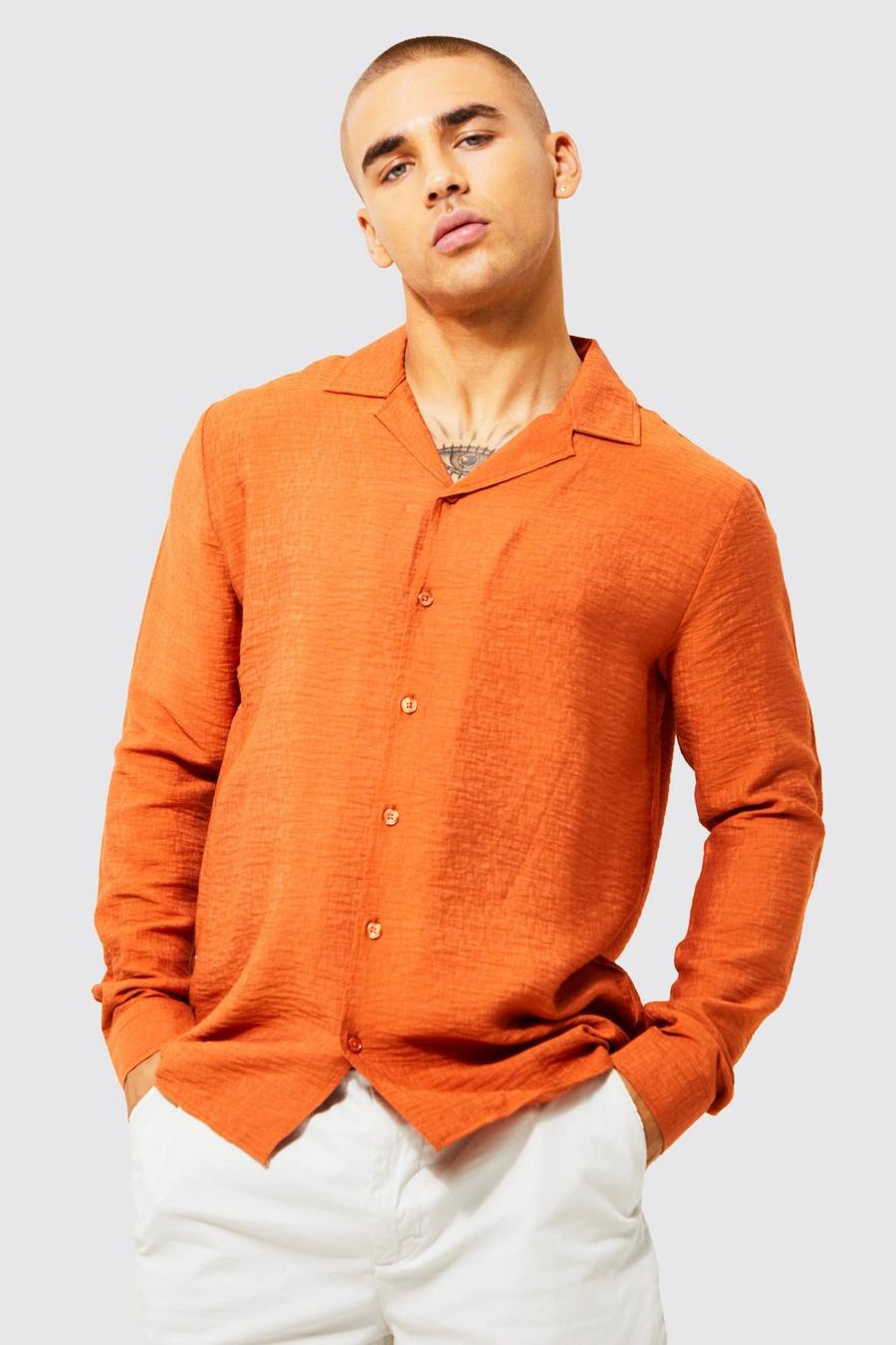 Camisa de manga larga texturizada con solapas, Orange image number 1