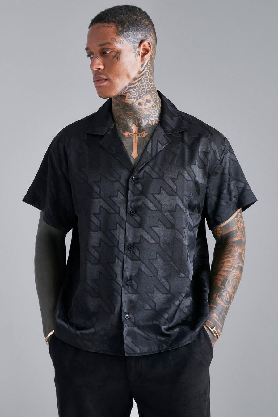 Black Boxy Fit Dogtooth Jacquard Shirt image number 1