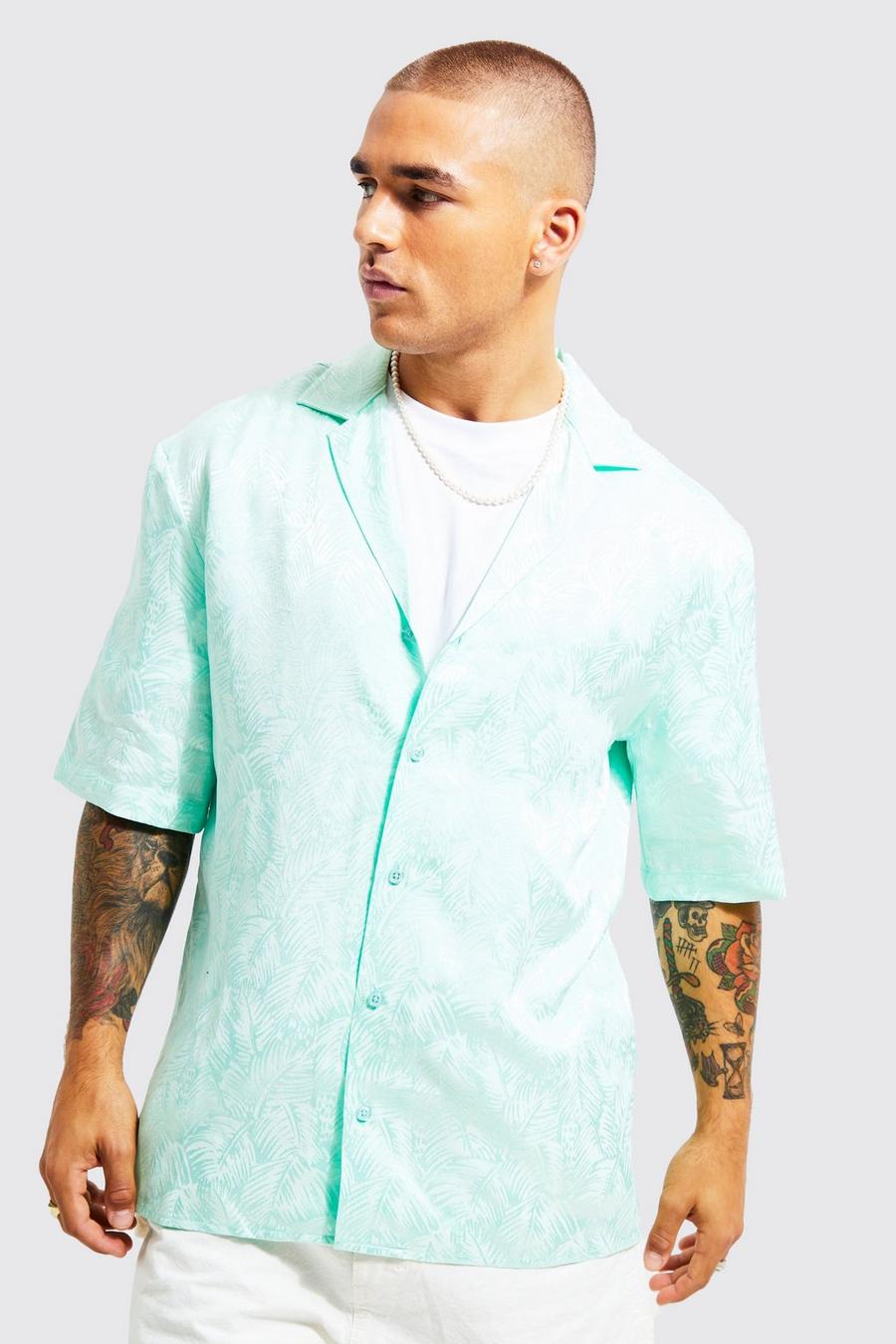 Camisa de raso y jacquard con solapas y estampado de palmeras, Light green verde image number 1