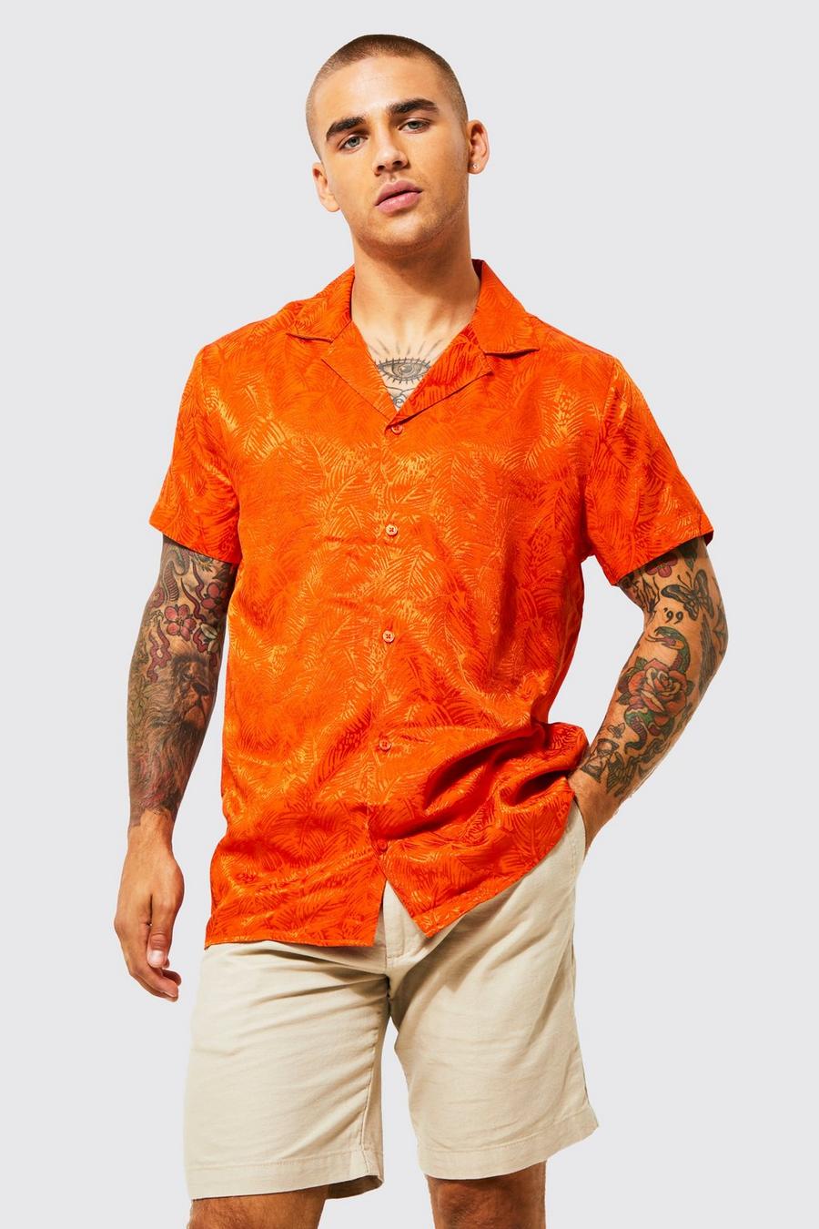 Camisa de raso con estampado de palmeras y solapas de jacquard, Orange naranja