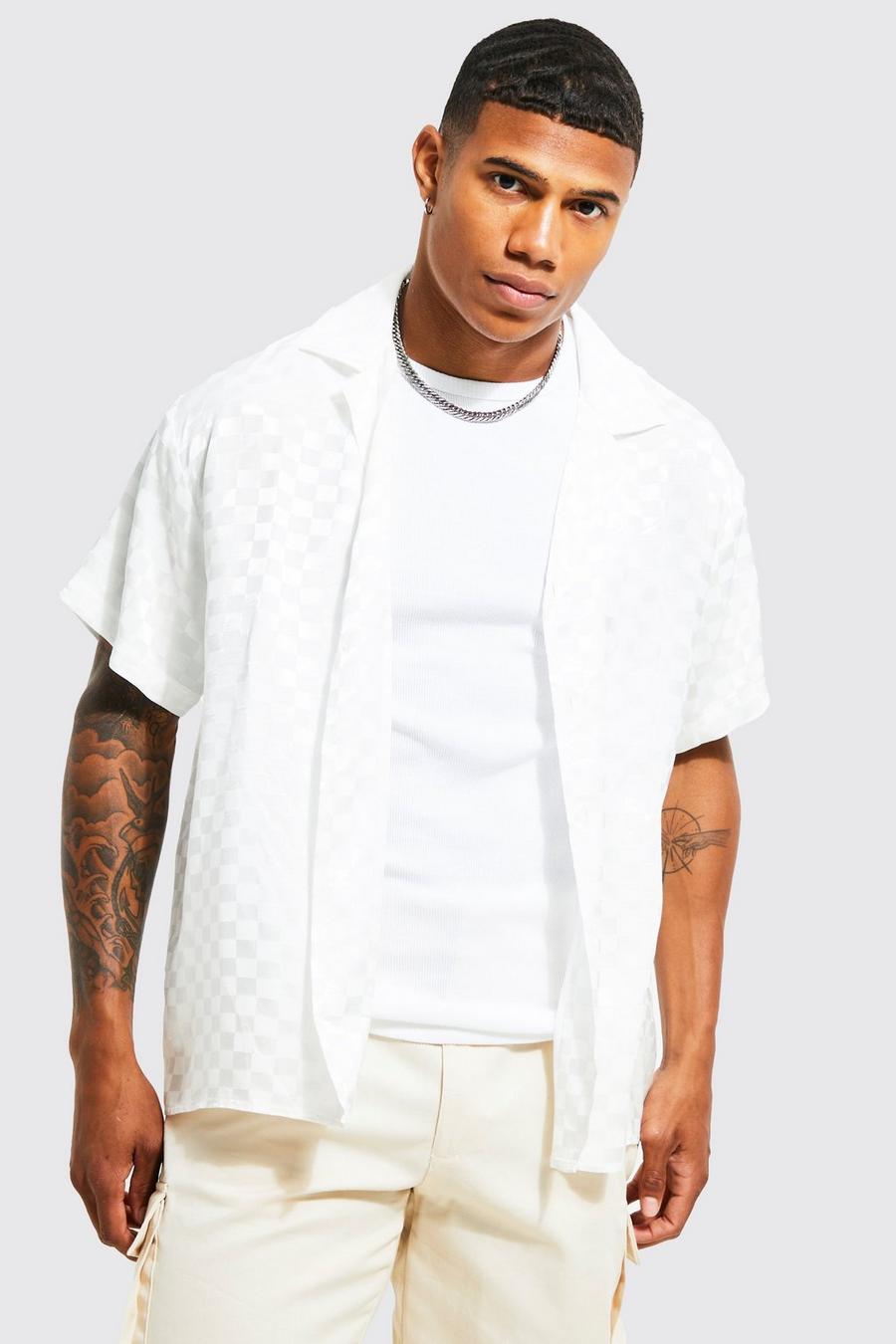 Ecru white Boxy Fit Revere Checkerboard Jacquard Shirt