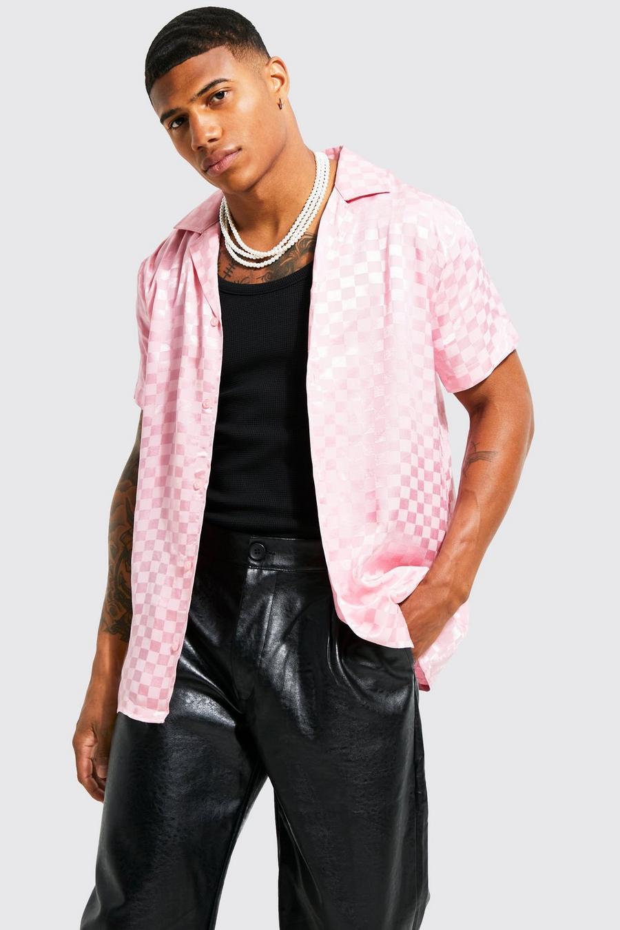 Camisa de jacquard con solapas y estampado de cuadros, Pastel pink rosa image number 1