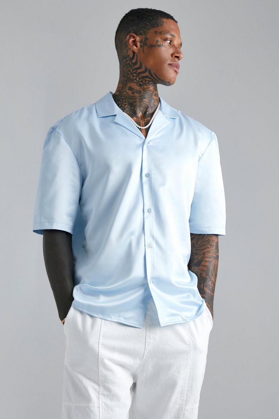 Light blue blå Short Sleeve Drop Revere Satin Shirt