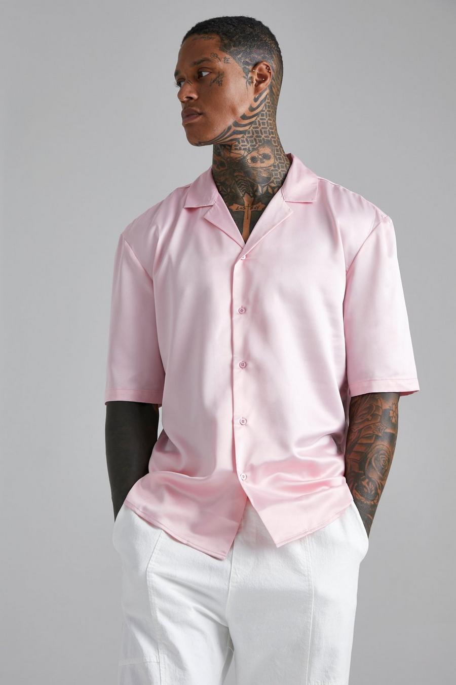 Light pink Short Sleeve Drop Revere Satin Shirt image number 1