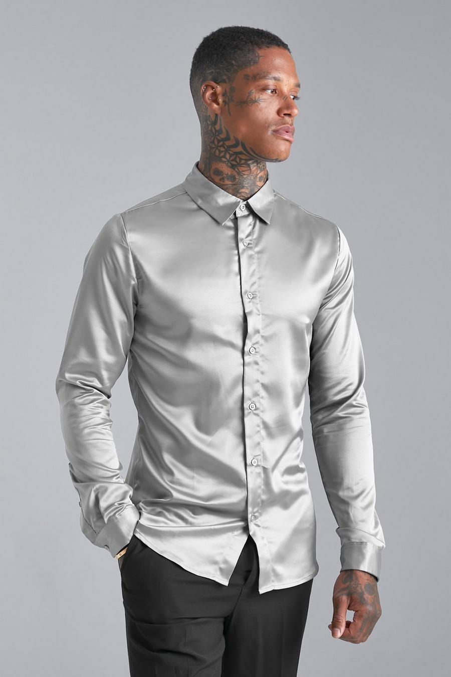 Grey Long Sleeve Muscle Fit Satin Shirt