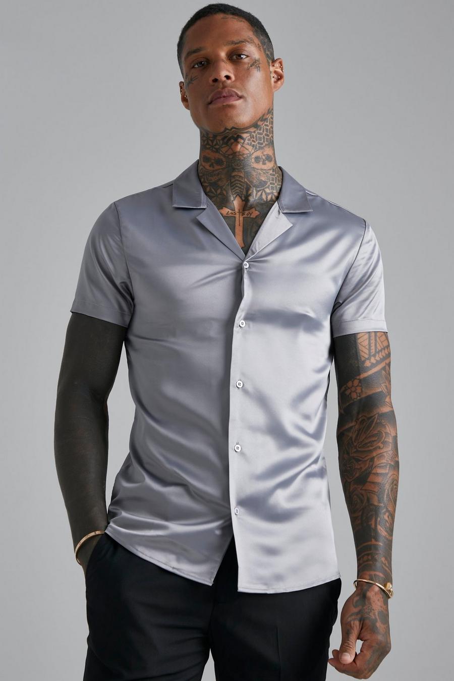 Camicia attillata a maniche corte in raso, Grey image number 1