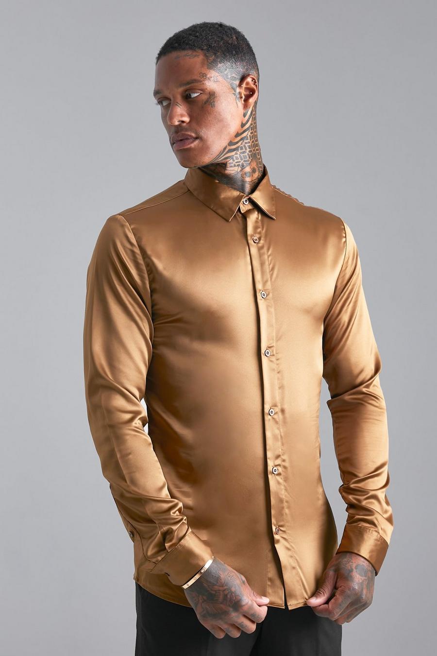 Chocolate marrone Long Sleeve Muscle Fit Satin Shirt