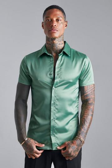 Short Sleeve Muscle Fit Satin Shirt khaki