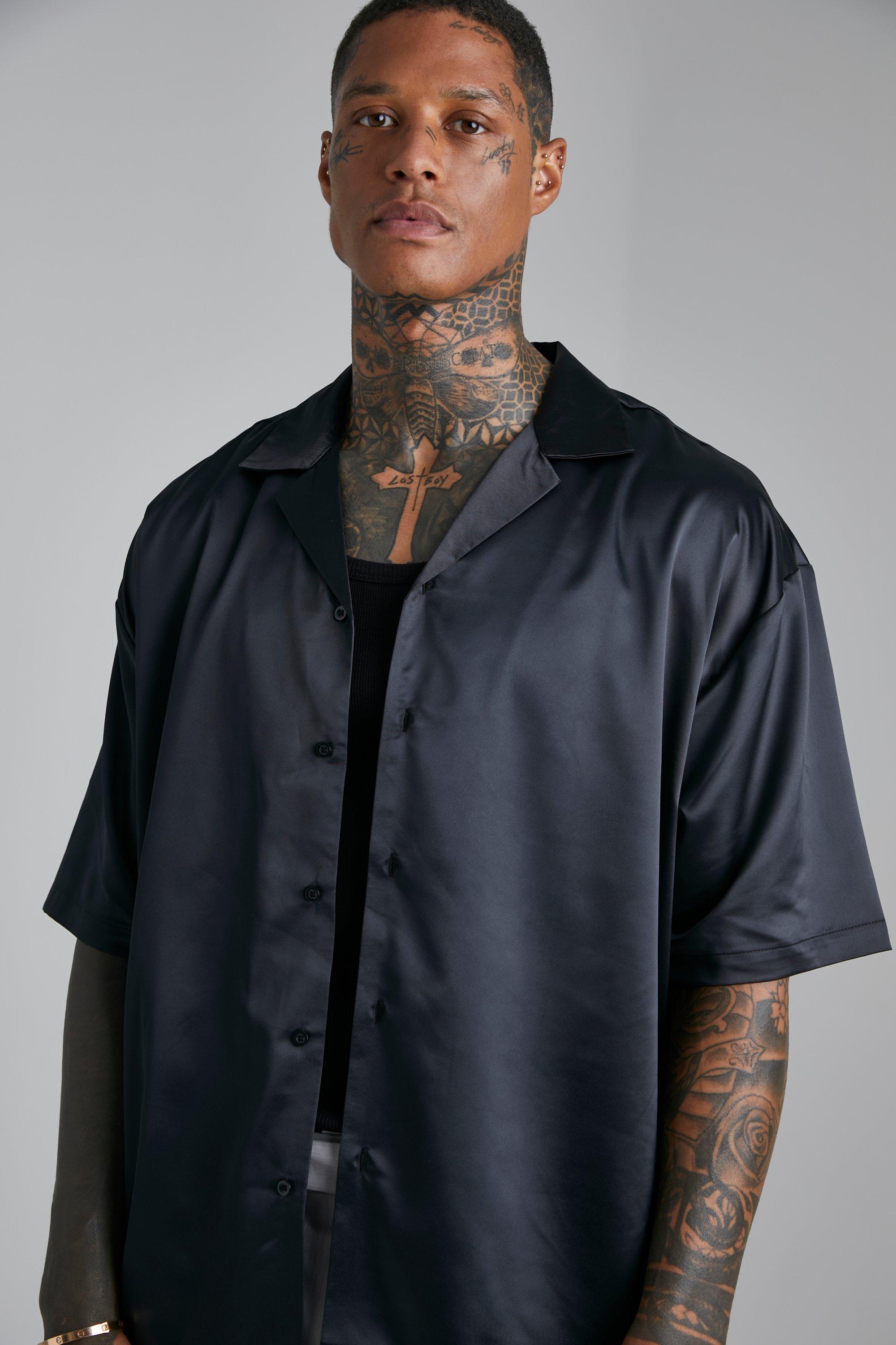 Black silk short sleeve shirt hotsell