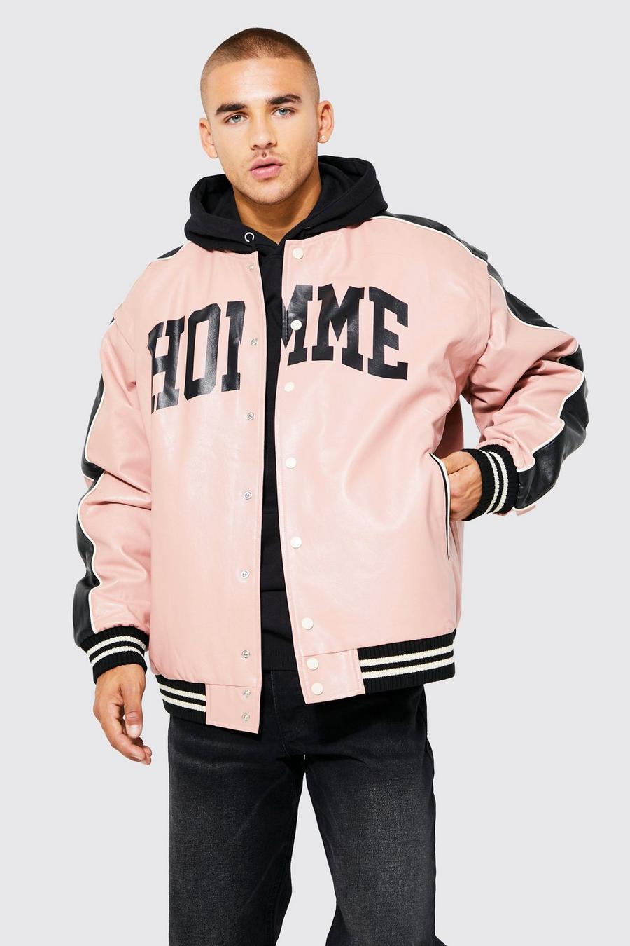 Pink Homme Leather Look Striped Sleeve Bomber image number 1